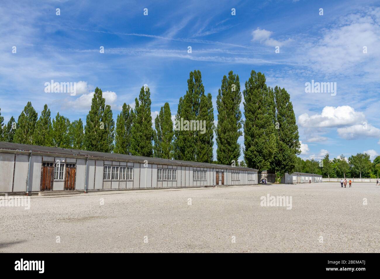 Barrack buildings (reconstructed) inside the former Nazi German Dachau concentration camp, Munich, Germany. Stock Photo