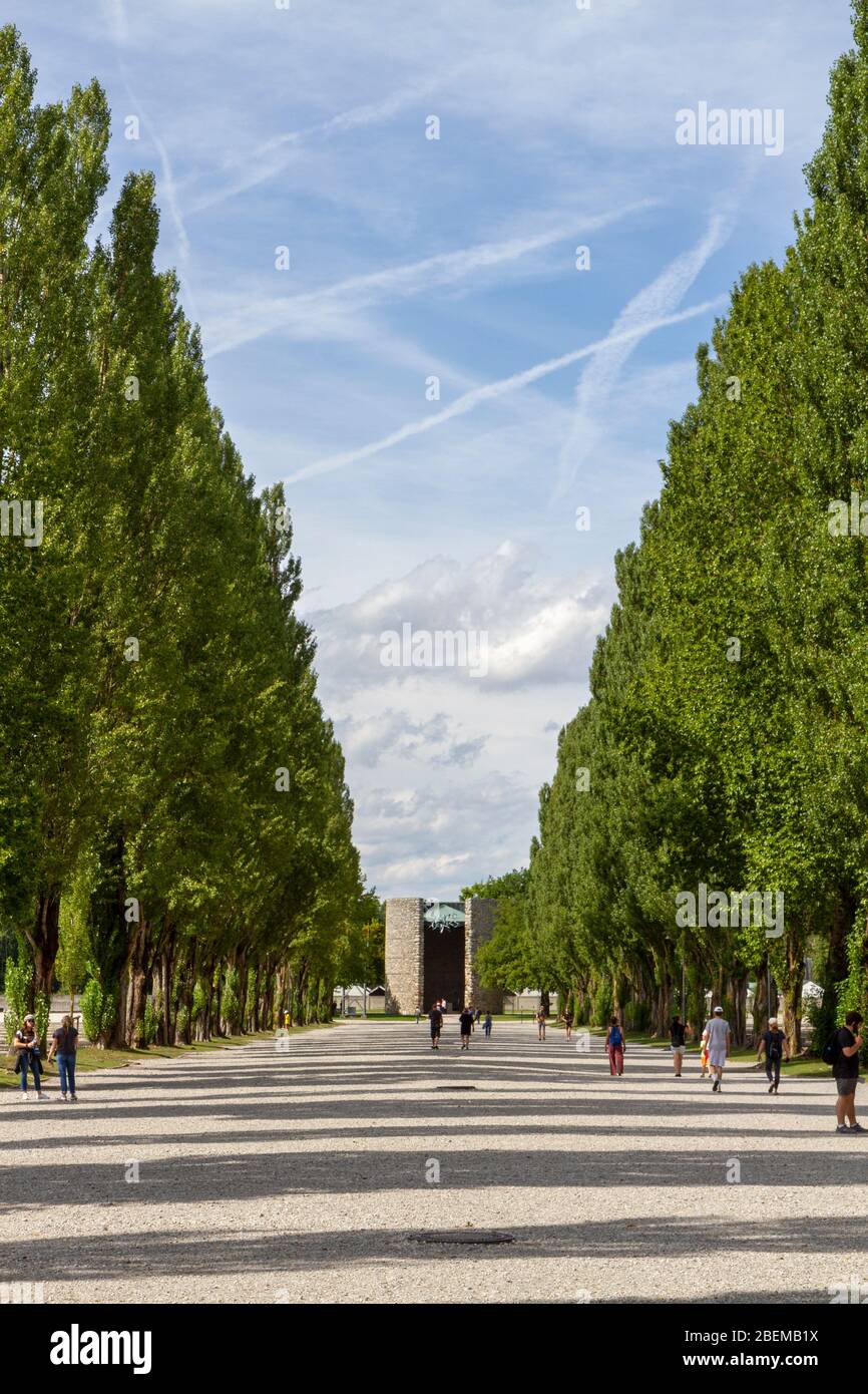 General view along the central camp road inside the former Nazi German Dachau concentration camp, Munich, Germany. Stock Photo