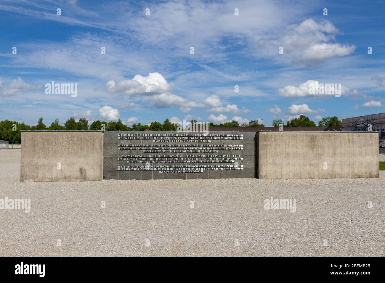Multi-lingual memorial wall, part of the International Monument at the former Nazi German Dachau concentration camp, Munich, Germany. Stock Photo