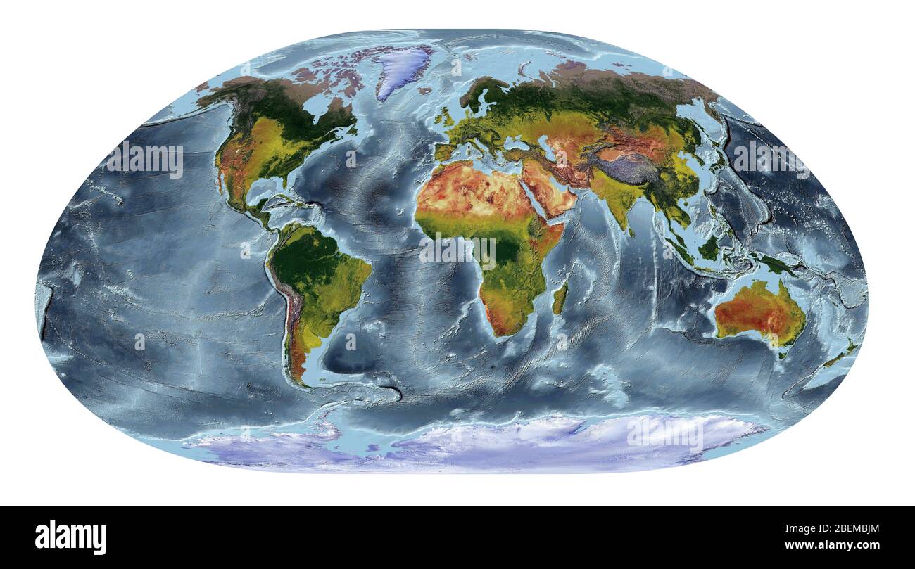 World Map showing land cover and shaded relief with a natural style and a relief shading of the oceans. Loximunthal projection. Stock Photo
