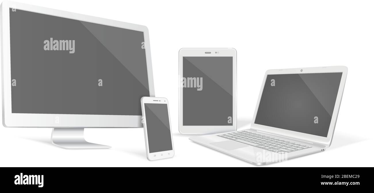 Set of realistic vector graphic computer monitor, laptop, tablet and phone on a white background. Stock Vector