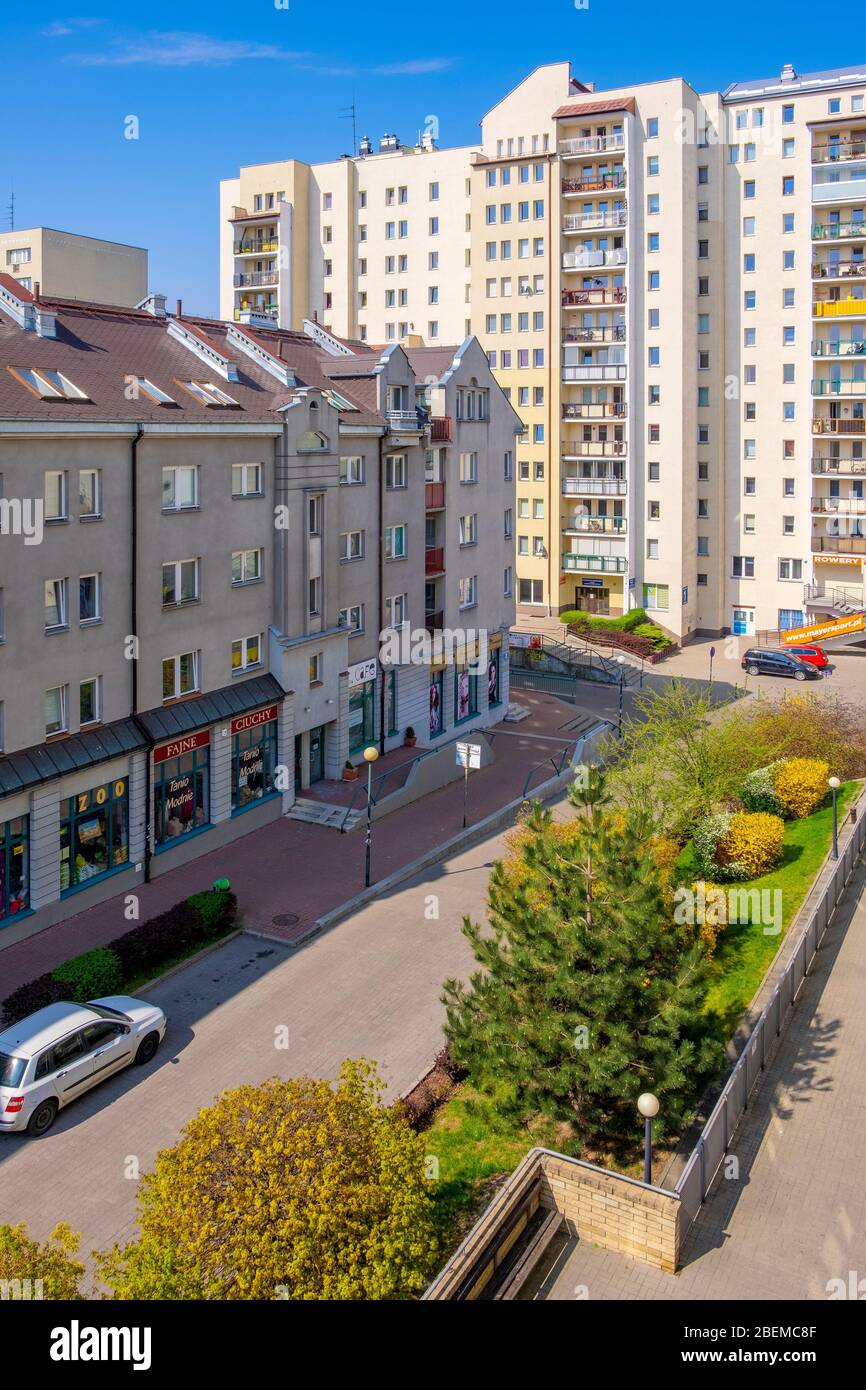 Warsaw, Poland - 2020/04/13: Pedestrian passage of Ursynow residential district of Warsaw, usually crowded, empty due to COVID-19 pandemic restriction Stock Photo