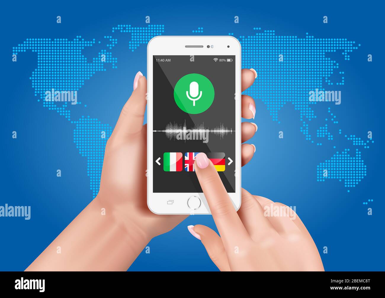 Hands holding a smarfon with voice activated translator. Learning foreign languages. Stock Vector