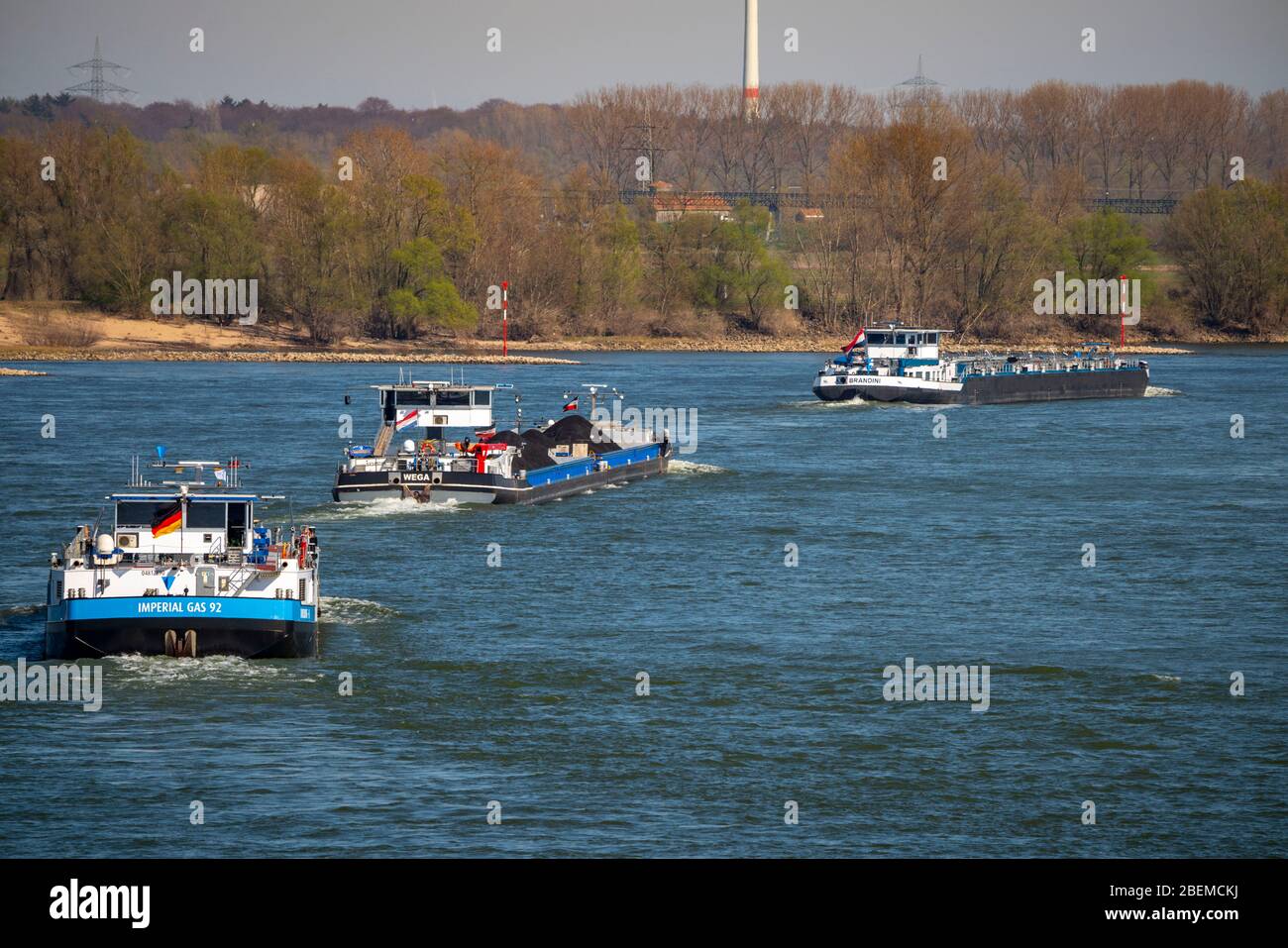 Cargo ships on the Rhine near Rees, Lower Rhine, Germany, Stock Photo