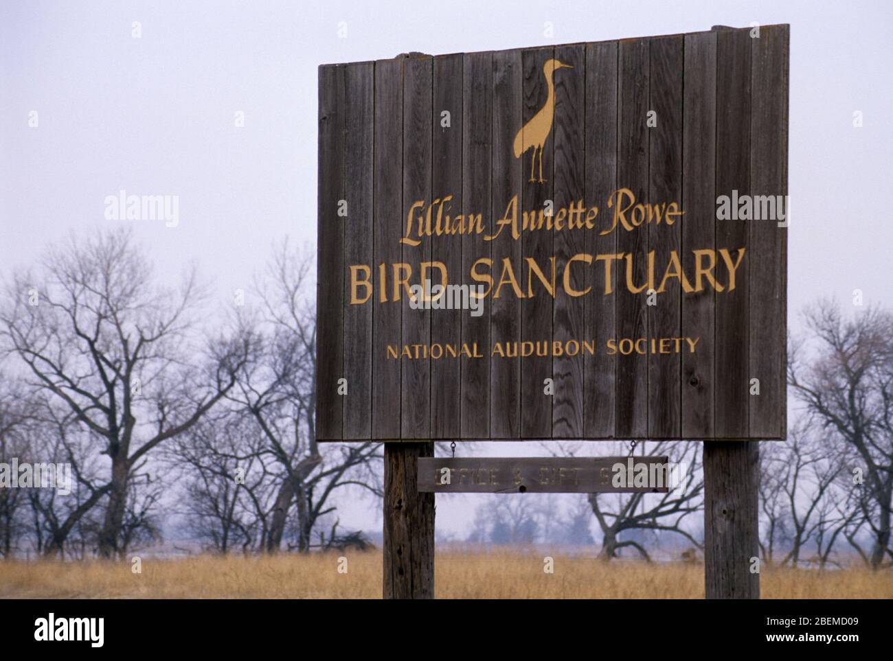 Sanctuary entrance sign, Rowe Audubon Sanctuary, Nebraska Stock Photo