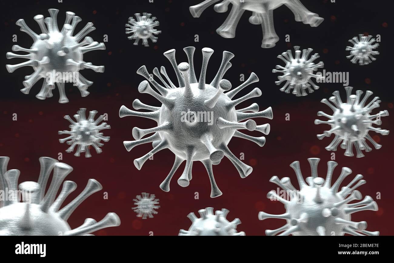 Coronavirus 2019-nCov. Computer simulation of coronavirus cells. Microscope virus close up. 3d rendering. Stock Photo