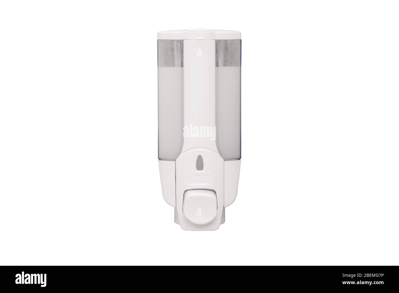 Hanging white plastic soap dispenser. Wall mounted soap dispenser