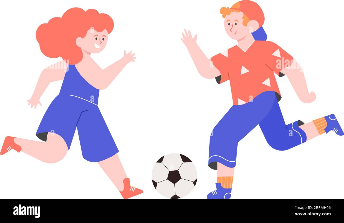 Kids play soccer. A boy and a girl kick a ball.  Stock Vector