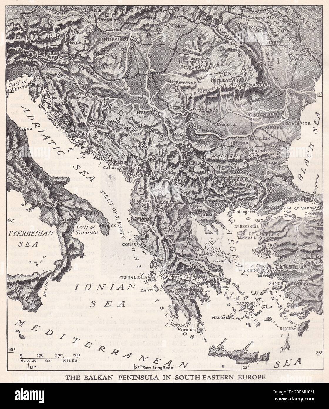 Vintage 1930s map of The Balkan Peninsula in South-Eastern Europe. Stock Photo