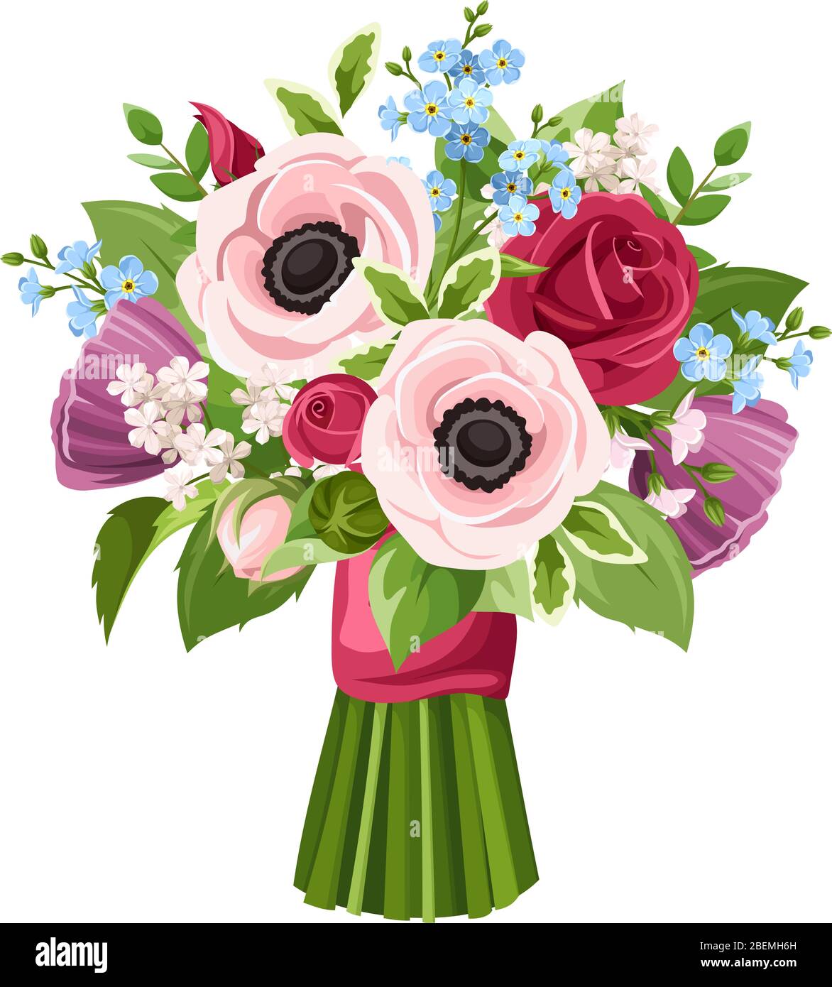 Vector Bouquet Of Red Pink Purple And Blue Anemones Roses And Forget Me Not Flowers Isolated On A White Background Stock Vector Image Art Alamy