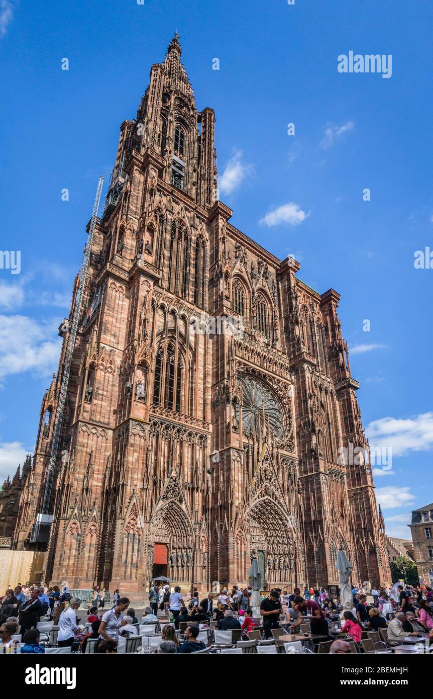 view of Strasbourg Cathedral's west façade from Place de la Cathédrale, Strasbourg, Alsace, France Stock Photo