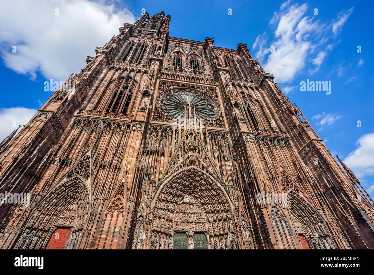 view of Strasbourg Cathedral's west façade from Place de la Cathédrale, Strasbourg, Alsace, France Stock Photo