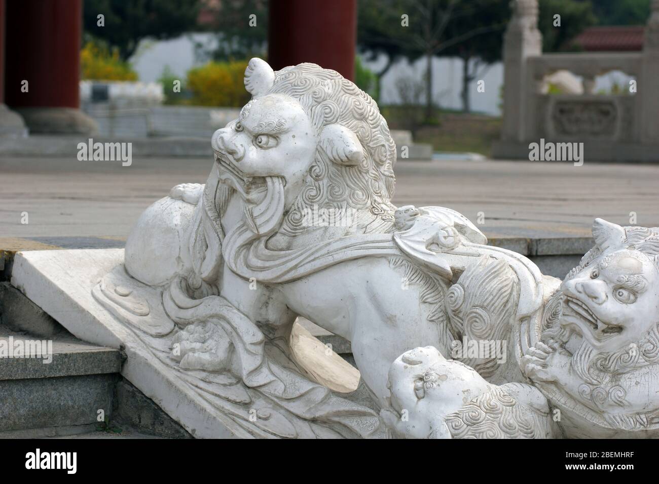 Chinese guardian lions, Imperial guardian lions, Shi, Foo Dog, Fu Dog, Lion Dog. Jade Buddha Park, Anshan, Liaoning Province, China, Asia. Stock Photo