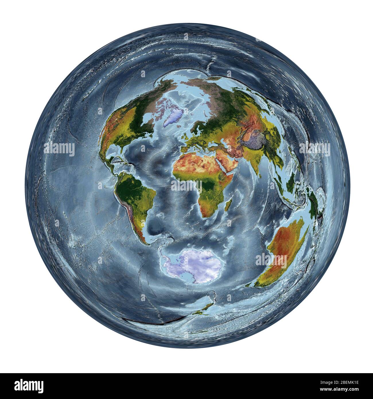 World Map showing land cover and shaded relief with a natural style and a relief shading of the oceans. Azimuthal projection. Stock Photo
