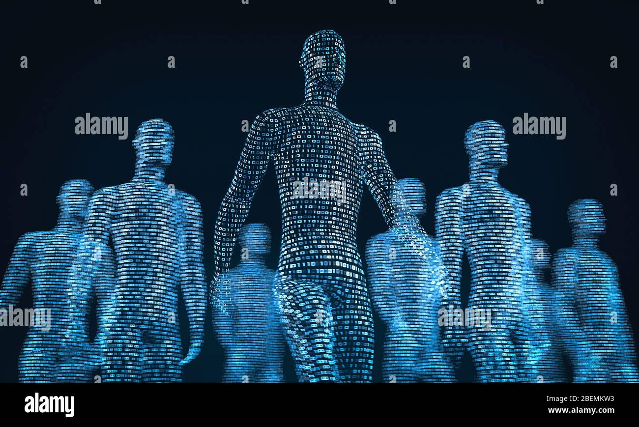 crowd of walking digital people. The concept of the symbiosis of man