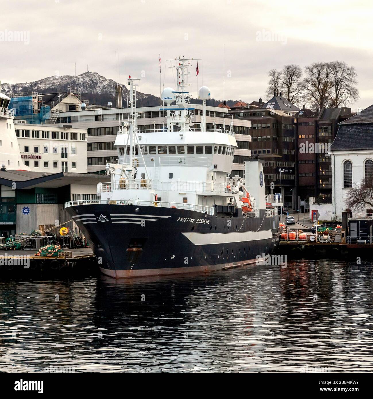 Ocean research vessel Kristine Bonnevie in the port of Bergen, Norway. Owned by the University of Bergen, Institute of Marine Research Stock Photo