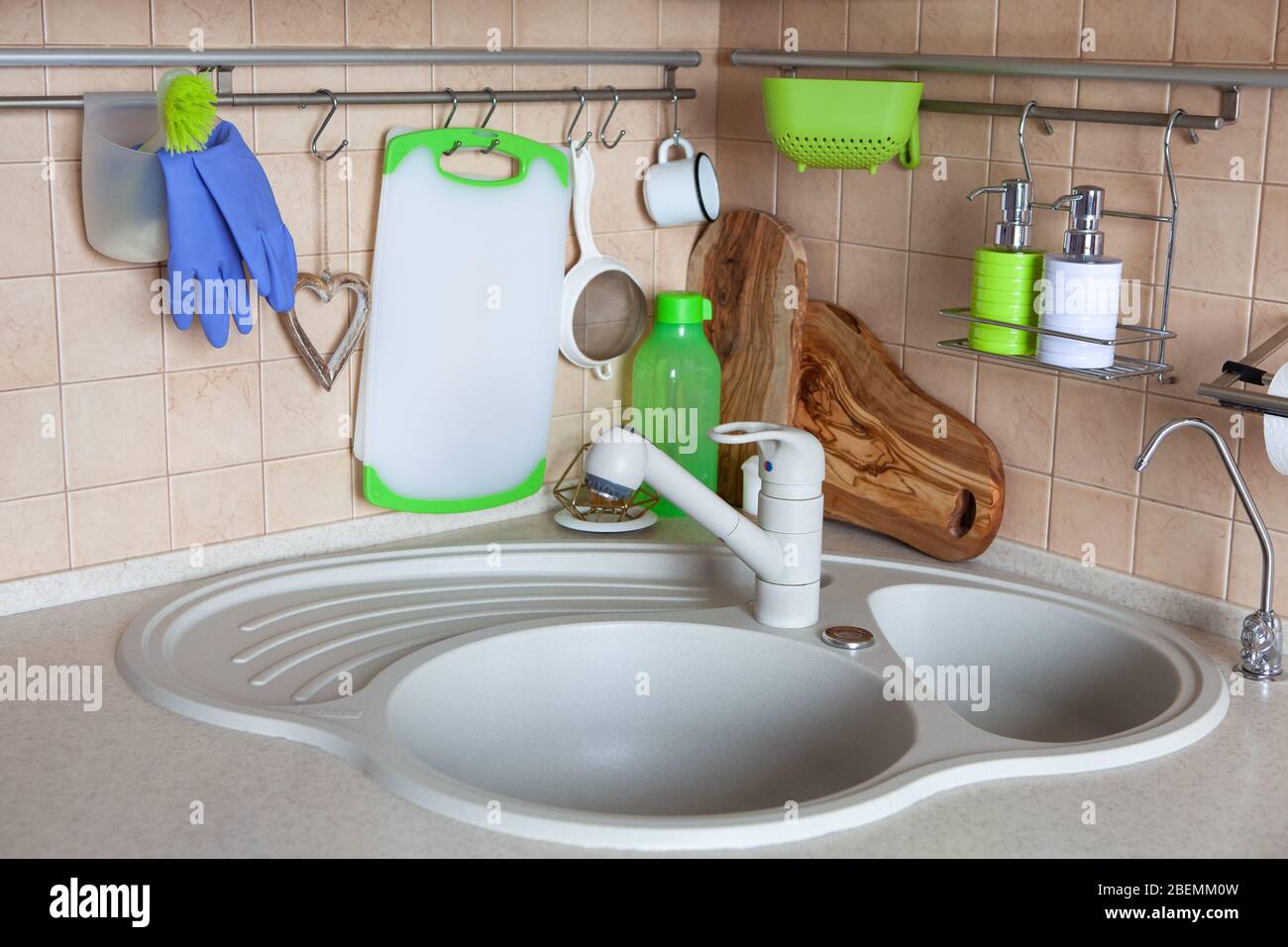 Side View of the Modern Kitchen in Bright Colors, a Round Corner