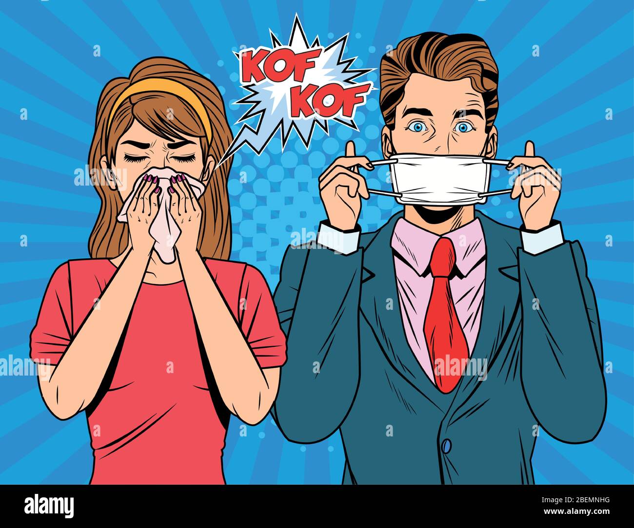 man using face mask and woman sick covid19 pop art style Stock Vector ...