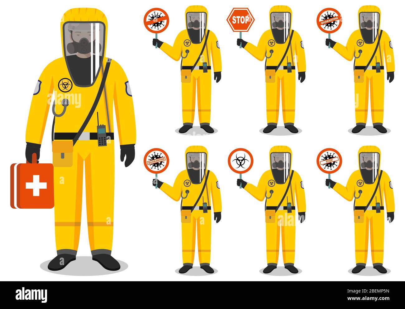 Medical concept. Illustration of standing doctor holds warning coronavirus sign. Man in protective suit and mask. Dangerous profession. Virus Stock Vector