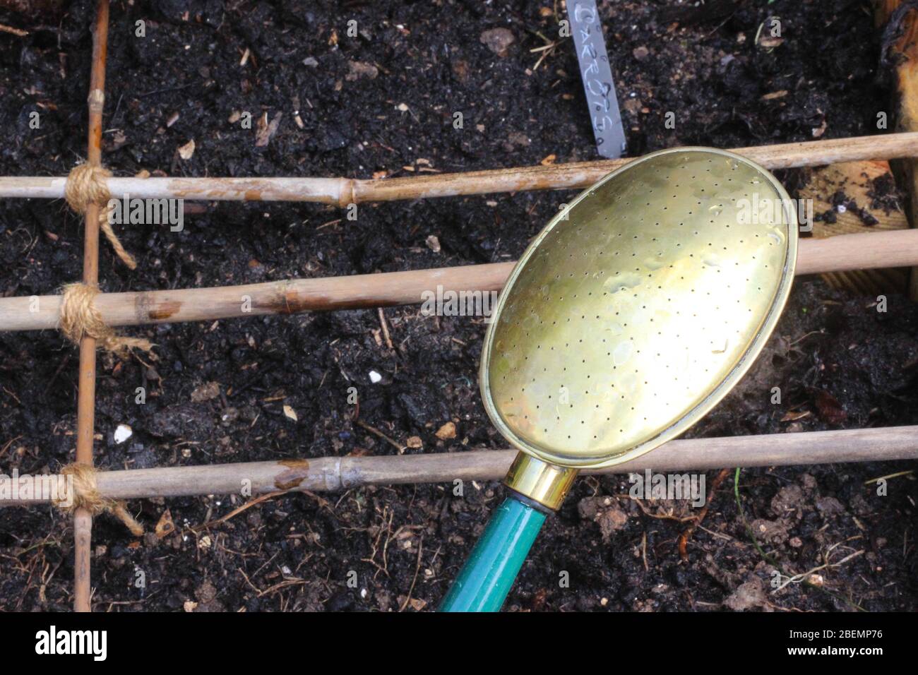 cane protection over raised bed and metal watering can Stock Photo