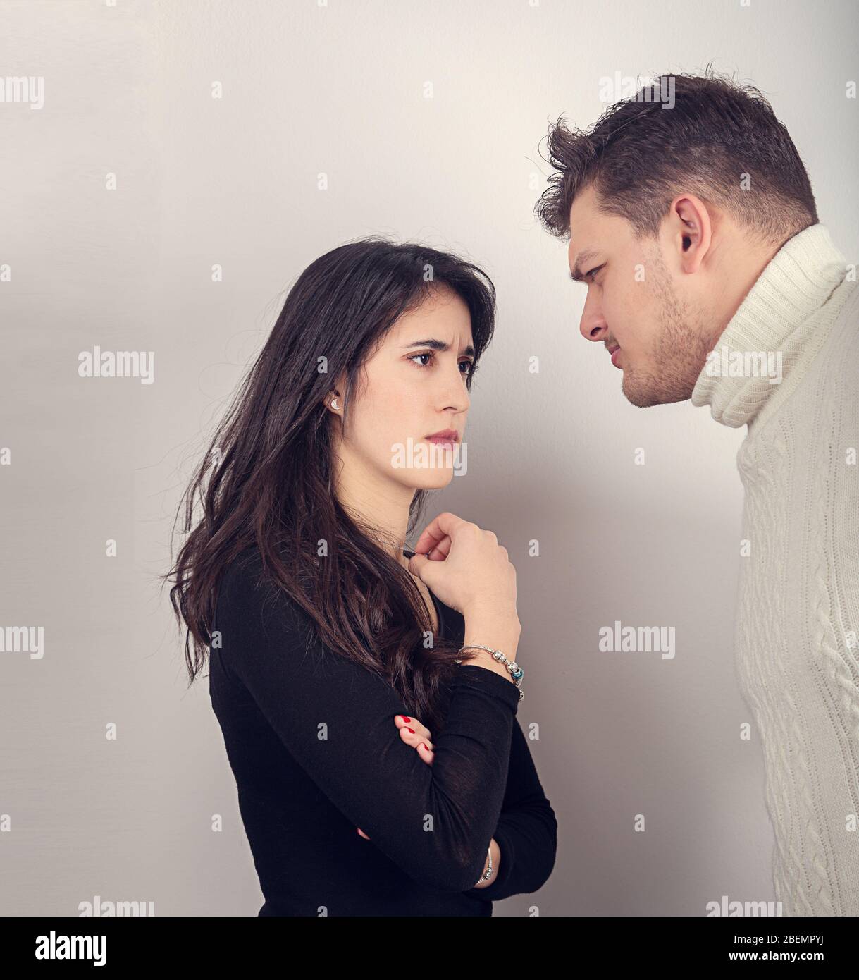Young couple are squabbling during isolation of the coronavirus epidemy. Stock Photo