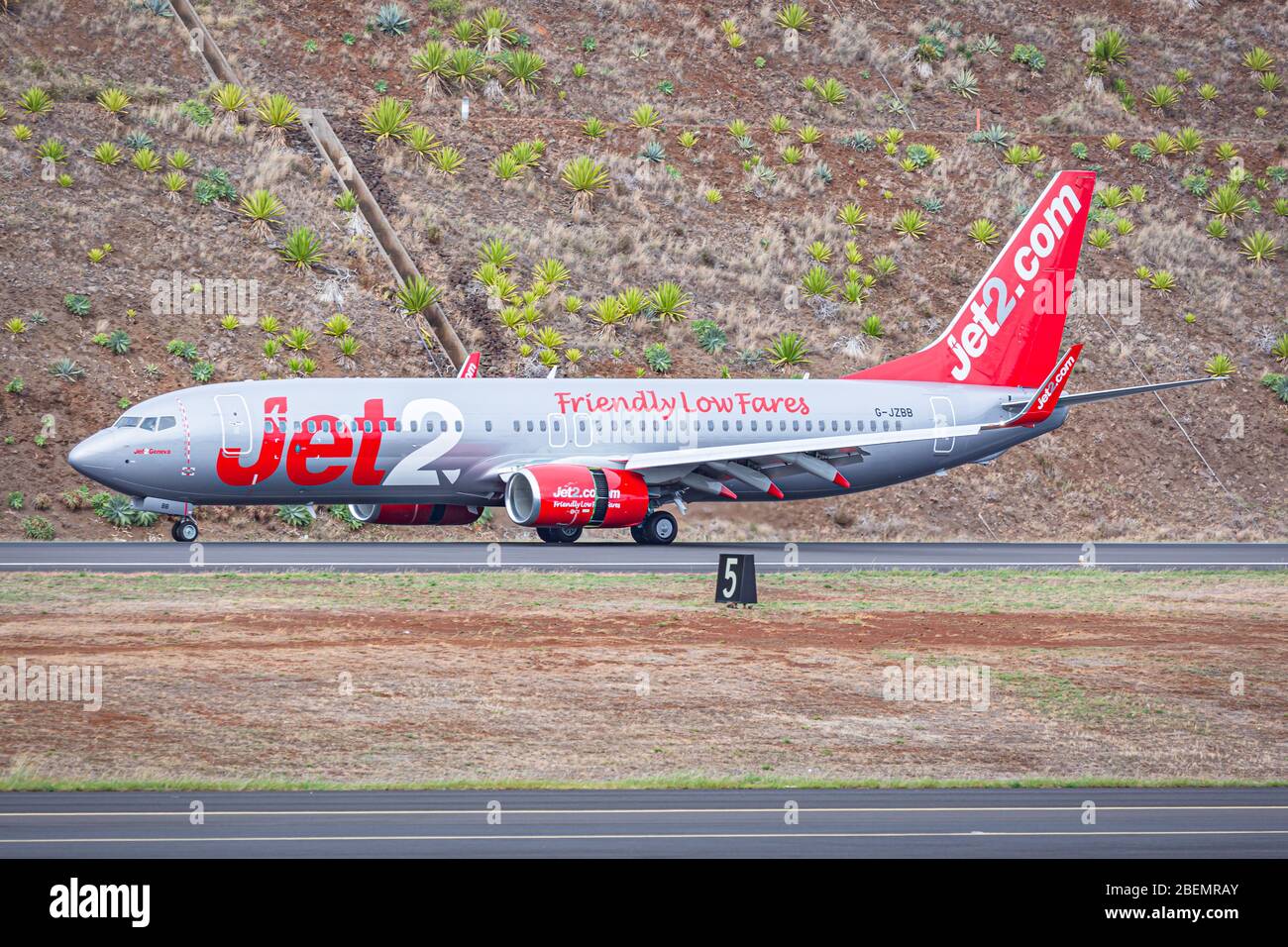 Jet2 Boeing 737-800 (G-JZBB) taxiing at Cristiano Ronaldo Madeira International Airport, Madeira, Portugal Stock Photo