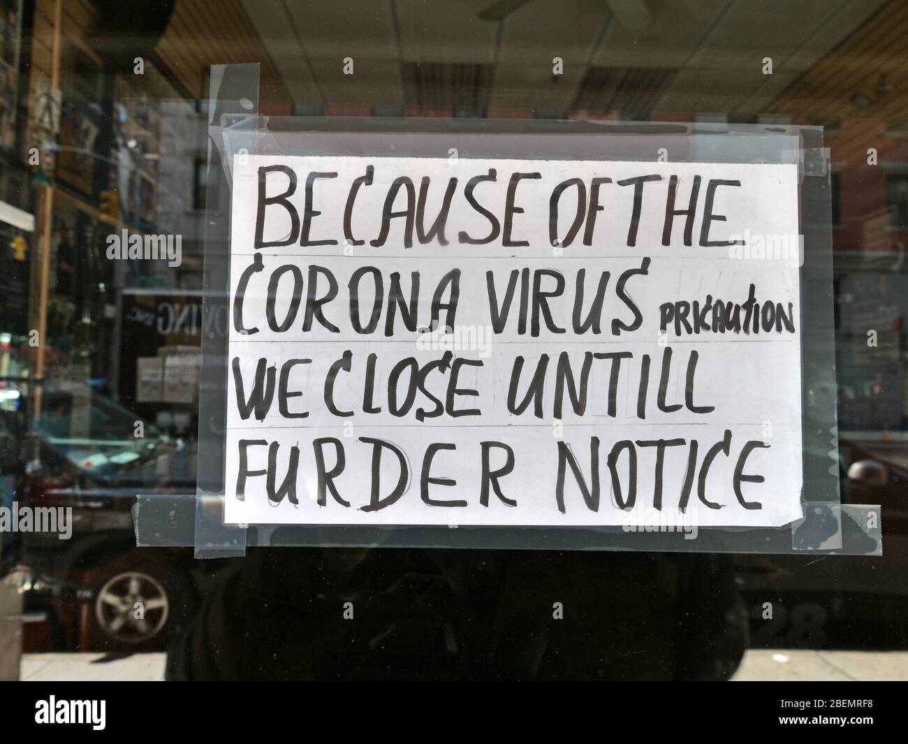 New York, New York, USA. 14th Apr, 2020. Despite a few spelling errors this handwritten sign on a barber shop in lower manhattan nyc gets its unfortunate message out. Credit: Milo Hess/ZUMA Wire/Alamy Live News Stock Photo