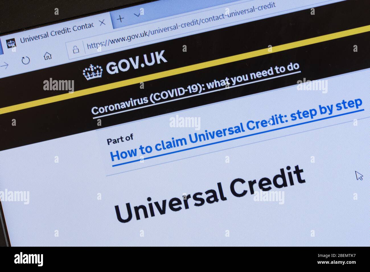 14 April 2020. There has been a large increase in the number of people applying for Universal Credit in the last couple of weeks due to loss of income during the coronavirus covid-19 pandemic. Stock Photo
