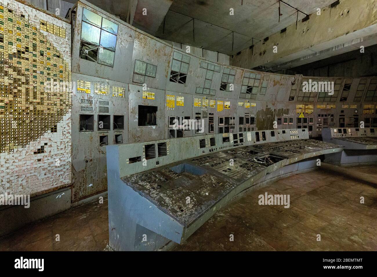 The October 19, 2019, the exploded Chernobyl nuclear reactor number 4 control (operations) room in Chernobyl Nuclear Power Plant in abandoned territor Stock Photo