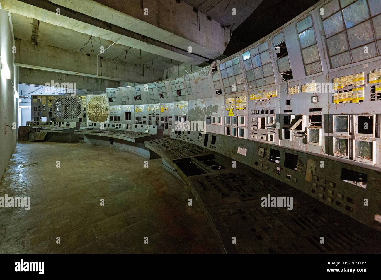 The October 19, 2019, the exploded Chernobyl nuclear reactor number 4 control (operations) room in Chernobyl Nuclear Power Plant in abandoned territor Stock Photo