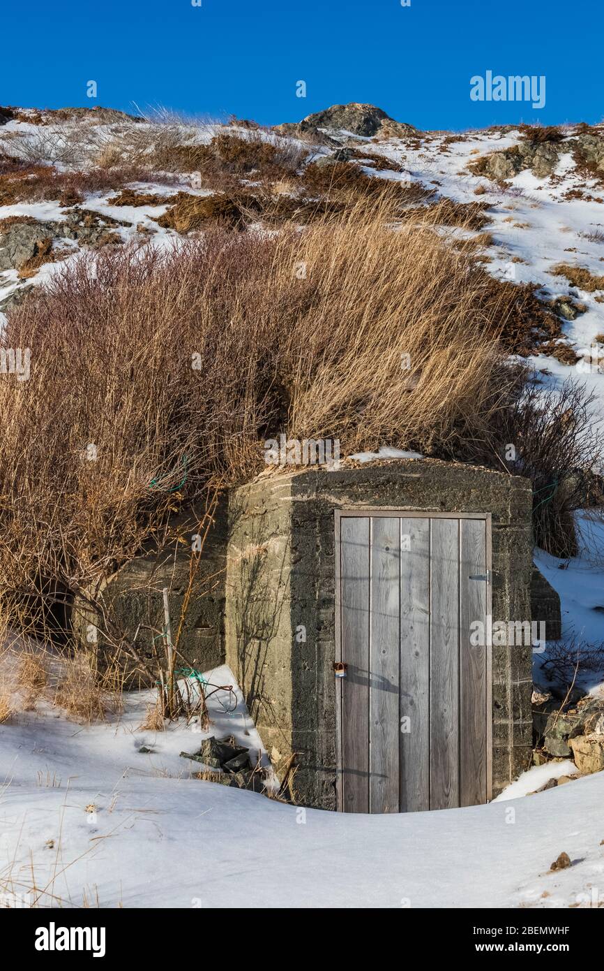 Root cellar, built to keep vegetables at a constant temperature, one of many in Twillingate, Newfoundland, Canada [No property release; available for Stock Photo