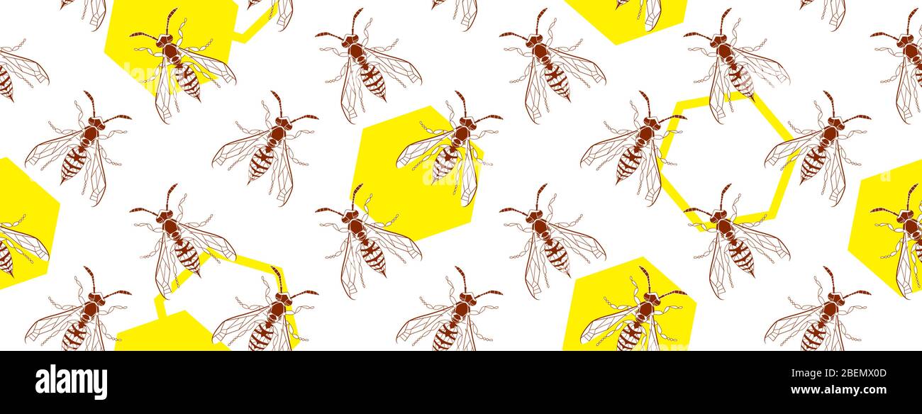 Wasp insect geometric seamless cover. Dangerous design for textile, fabric texture. Yellow bugs on white backdrop. Vector Bumblebee drawing web horizontal banner. Wild Nature graphic wallpaper. Stock Vector