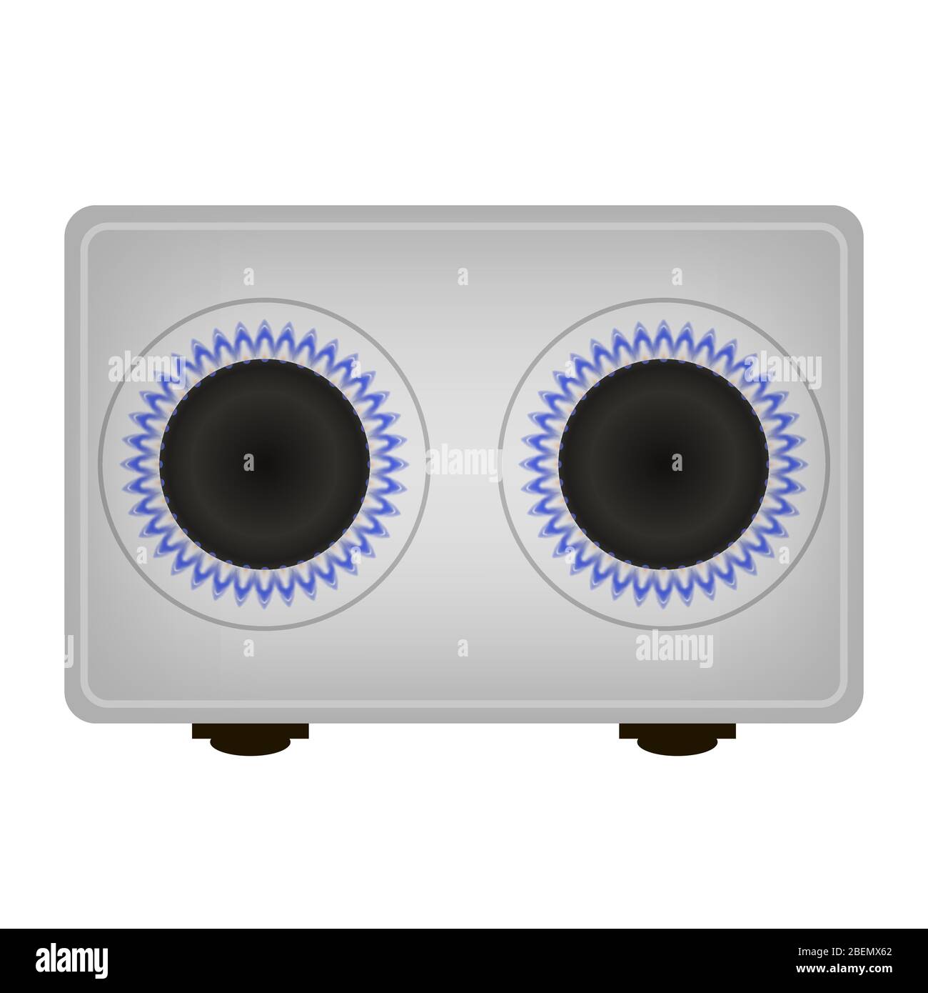 Grey Gas Stove and Blue Burning Fire Isolated on White Background. Top