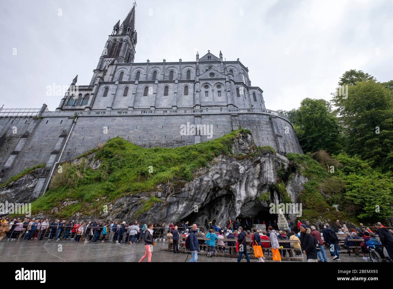 View of the Basilica of Our Lady of the Rosary constructed on top of the rock above the Grotto of Lourdes, France, Europe Stock Photo