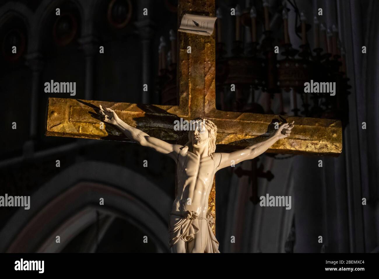 Close up of a sculpture of Jesus Christ on the cross at the Basilica of Our Lady of the Rosary in Lourdes, France, Europe Stock Photo