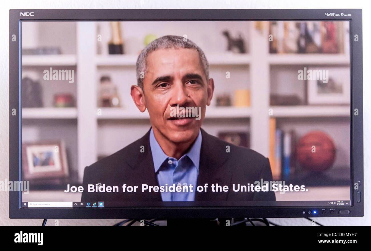 Washington, District of Columbia, USA. 14th Apr, 2020. A screengrab of former President BARACK OBAMA issuing his endorsement of 2020 Democratic presidential candidate Joe Biden. Credit: Brian Cahn/ZUMA Wire/Alamy Live News Stock Photo