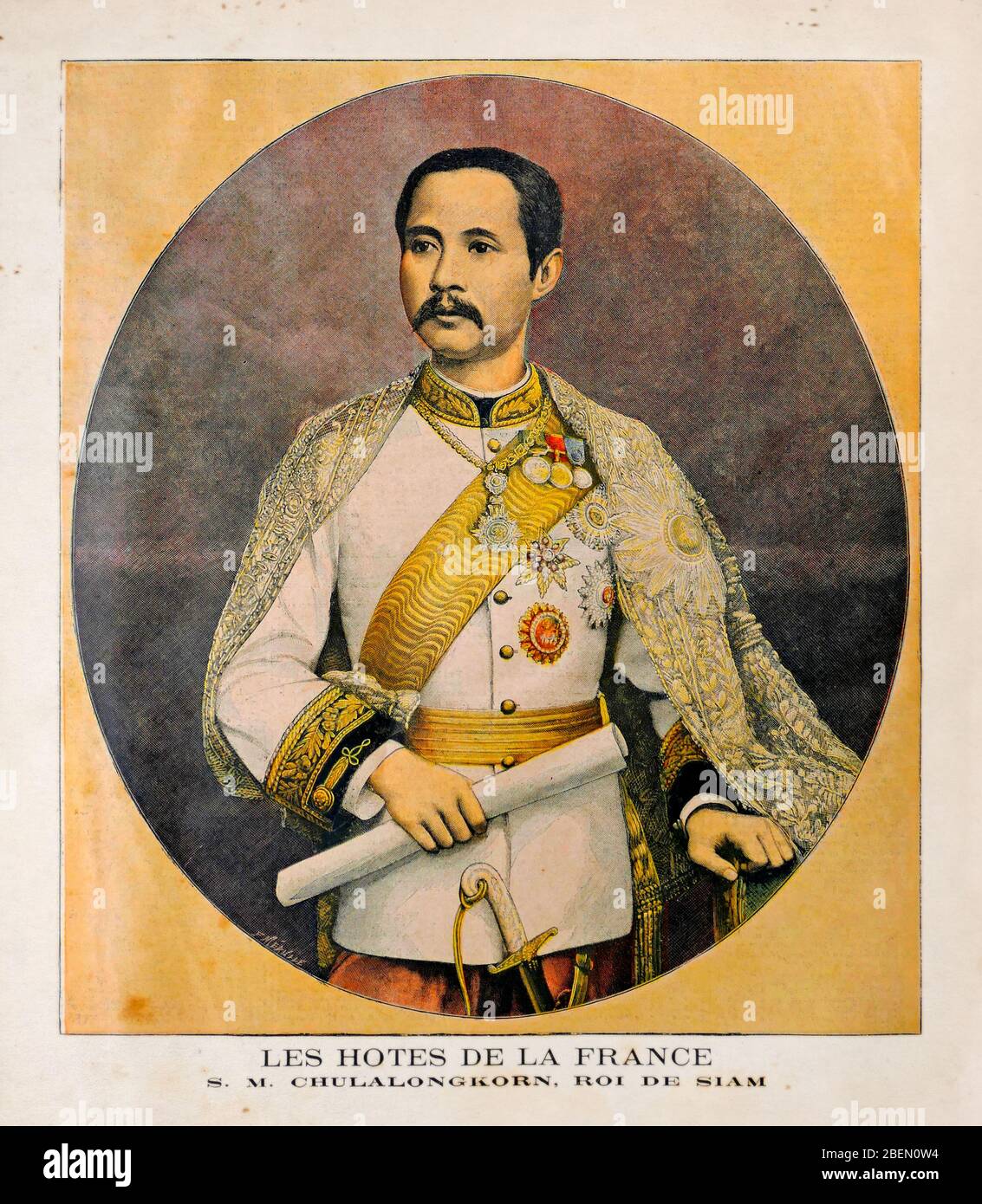 Old illustration about the King of Siam Chulalongkorn (Rama V) visiting Paris by Louis-Fortuné Méaulle published on September 19th, 1897 in the daily Stock Photo