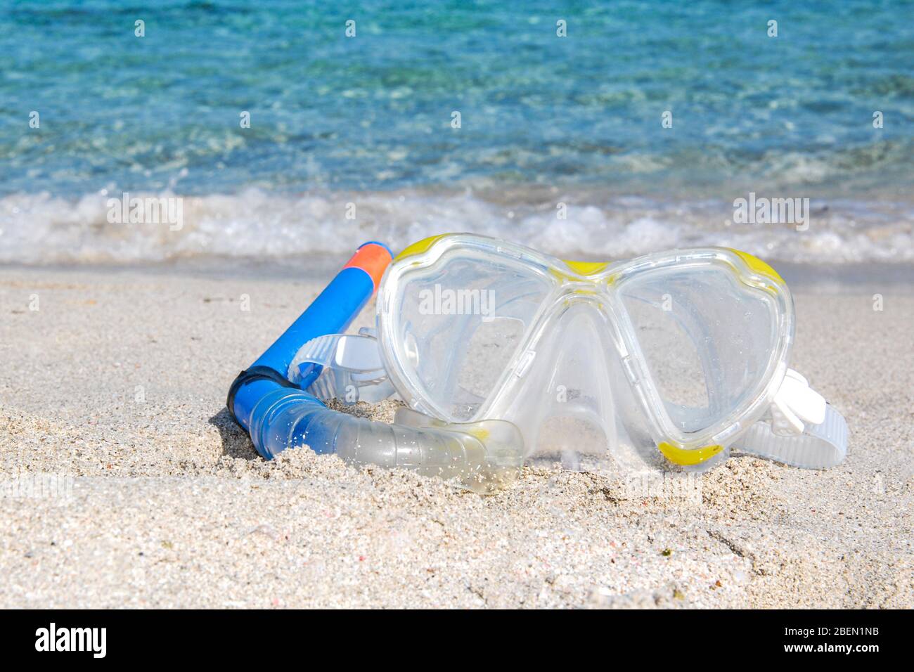 Ses Illetes beach, Formentera, Balearic Islands, Spain. Mask and snorkel for snorkeling on the beach by the sea, in a beautiful color. Stock Photo