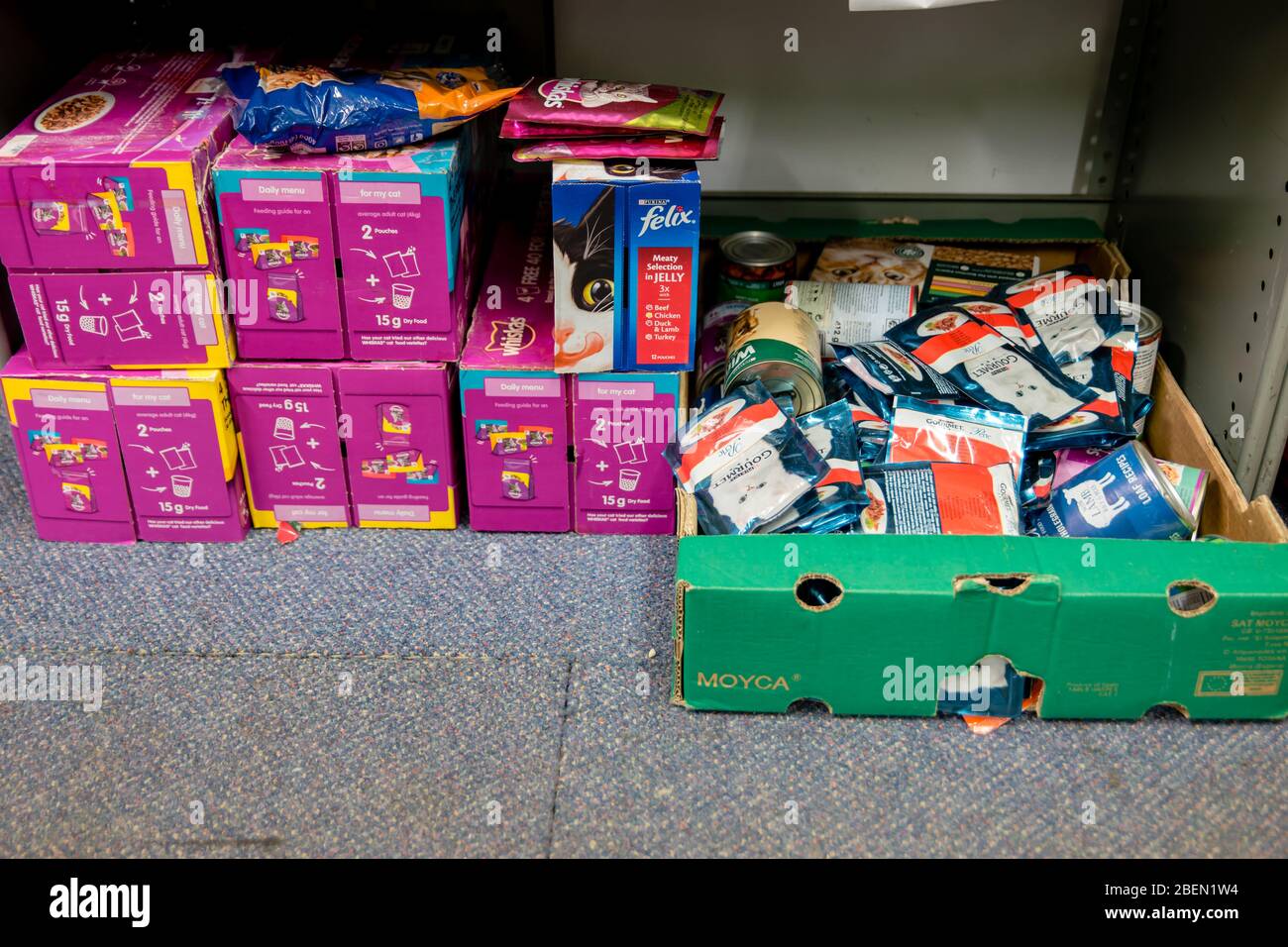 ROTHERHAM, UK - APRIL 14, 2020: Pet, dog, cat food at a Trussell Trust local church food bank Stock Photo