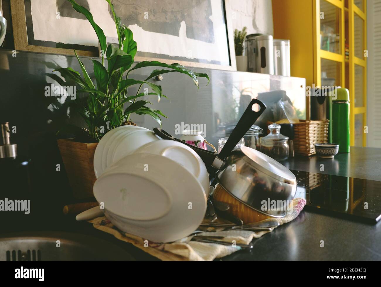 kitchen interior with clean dishes on the table Stock Photo - Alamy