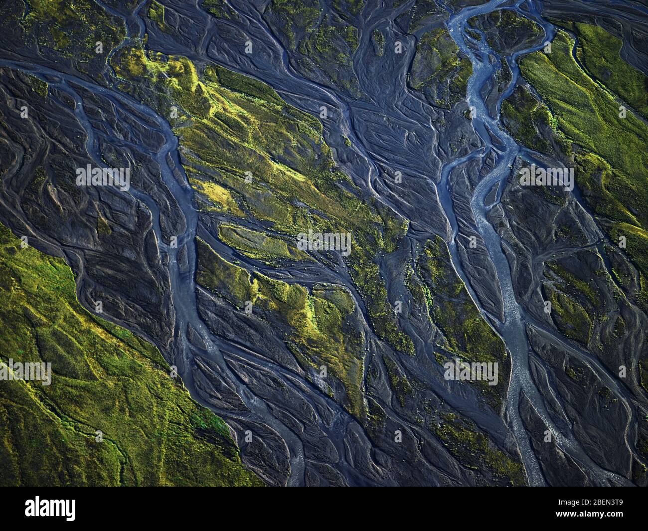 aerial view of meandering glacier rivers on the Icelandic highlands Stock Photo