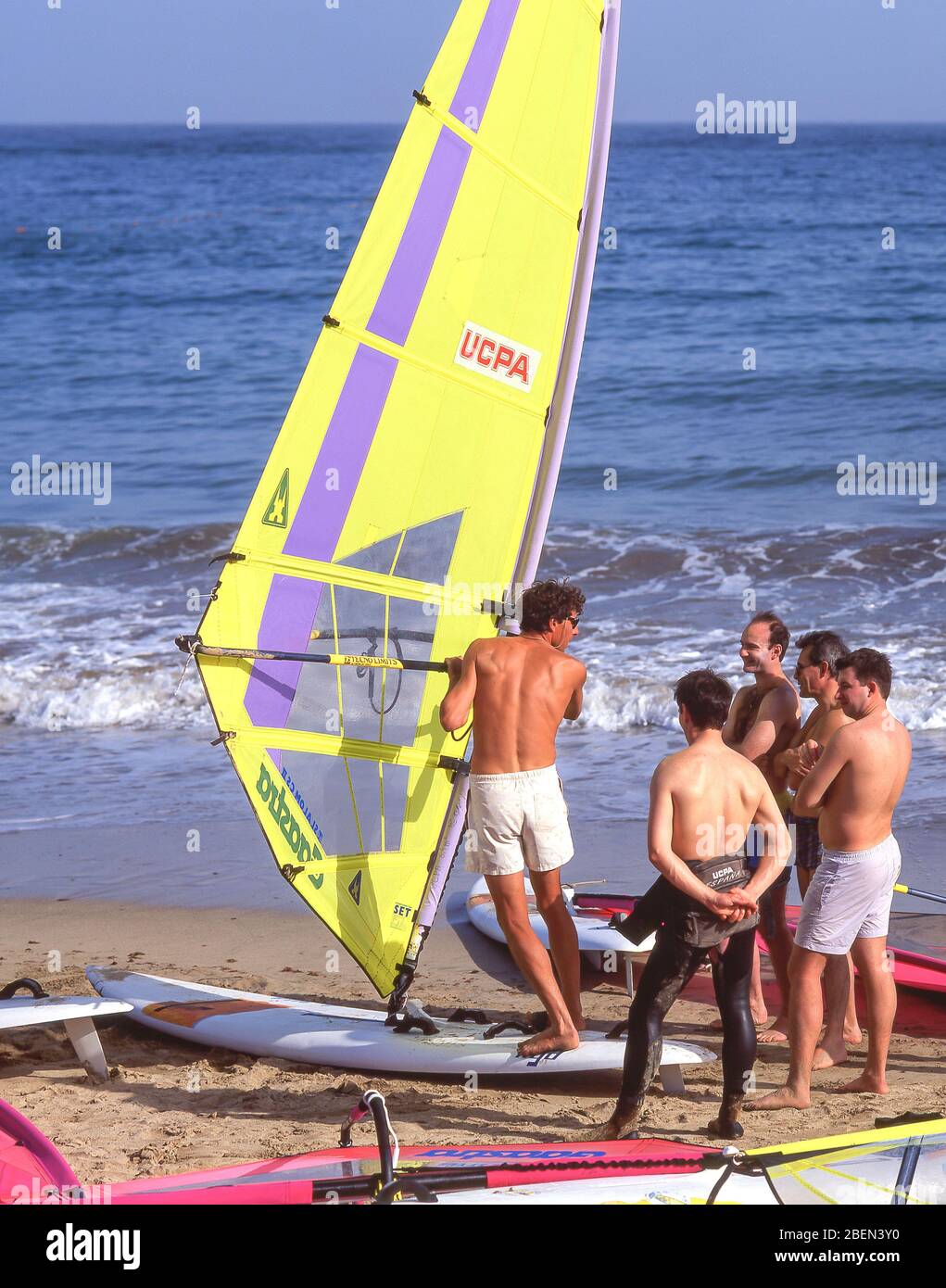 Windsurfing instruction, Las Cucharas Beach, Costa Teguise, Lanzarote, Canary Islands, Spain Stock Photo