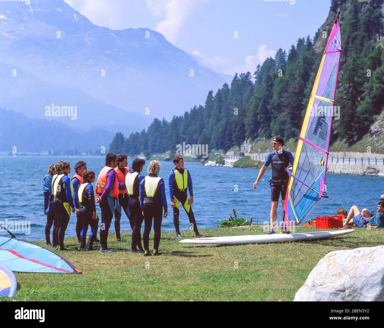 Windsurfing instruction, Lake Silvaplana (Silvaplanersee), Silvaplana, Engadin, Grisons, Switzerland Stock Photo