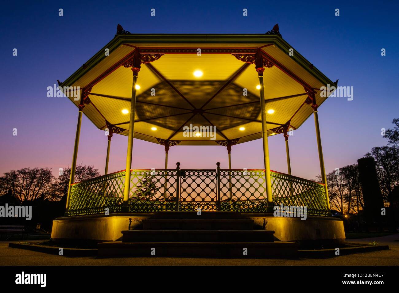 Victorian Bandstand in the Royal Pump Rooms Gardens, Royal Leamington Spa, one month after its 2019 refurbishment, completed in March 2020. Stock Photo