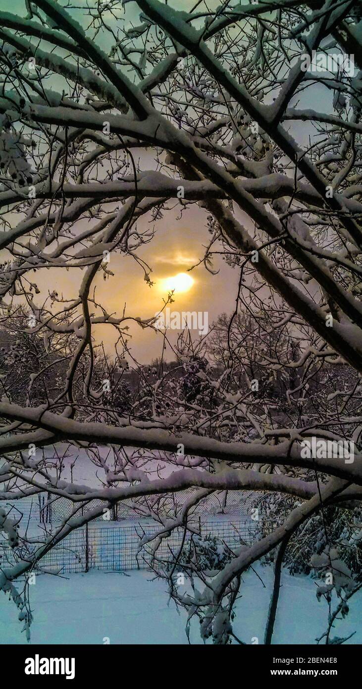 Beautiful Wintery Snowy Scenery Sunrise Stock Photo
