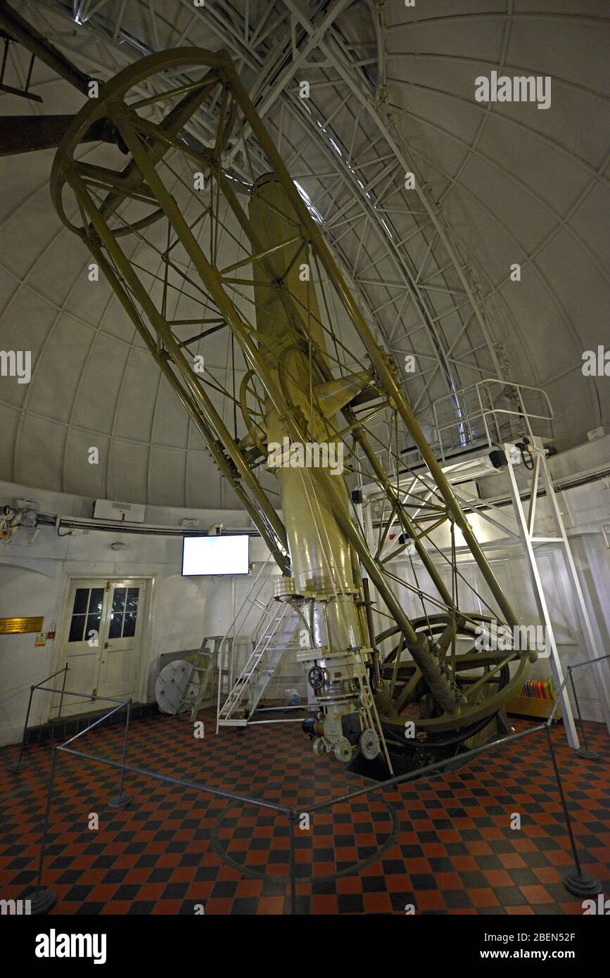 Historic refracting telescope on display at the Royal Observatory, Greenwich, London, UK Stock