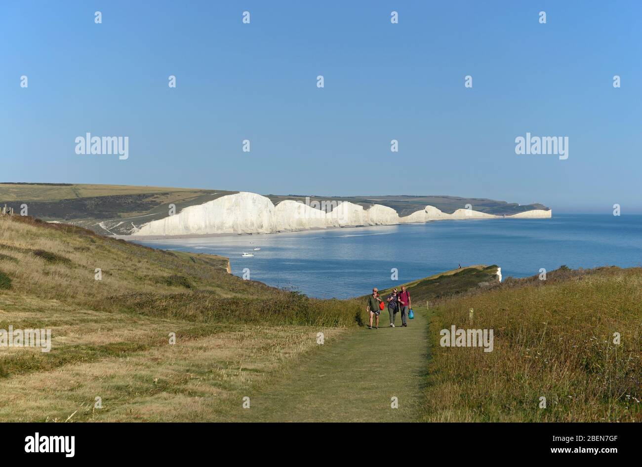 The famous Seven Sisters cliffs in Sussex seen from Seaford Head Nature Reserve, East Sussex, UK