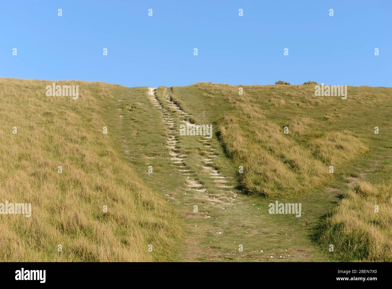 Severe erosion of the South Downs Way footpath on the Seven Sisters hills and cliffs in East Sussex, UK Stock Photo