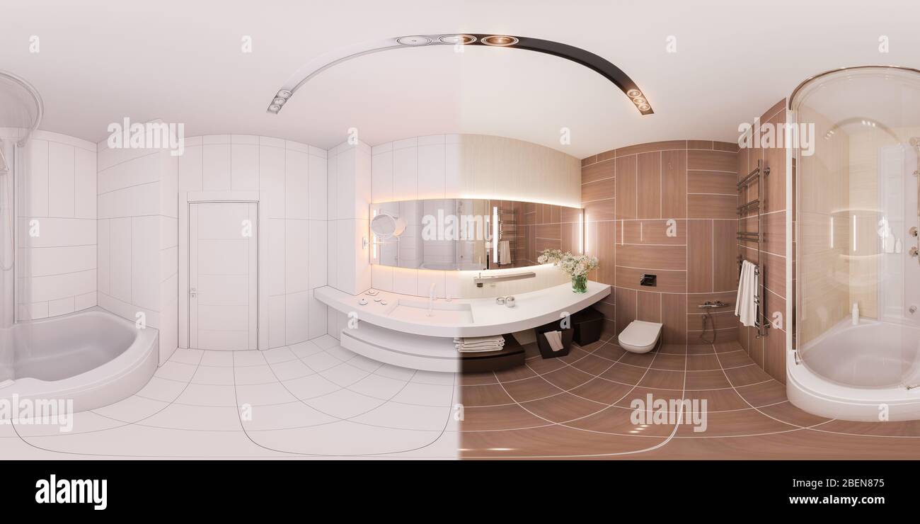 360 seamless 3d rendered panorama interior design bathroom in modern style Stock Photo
