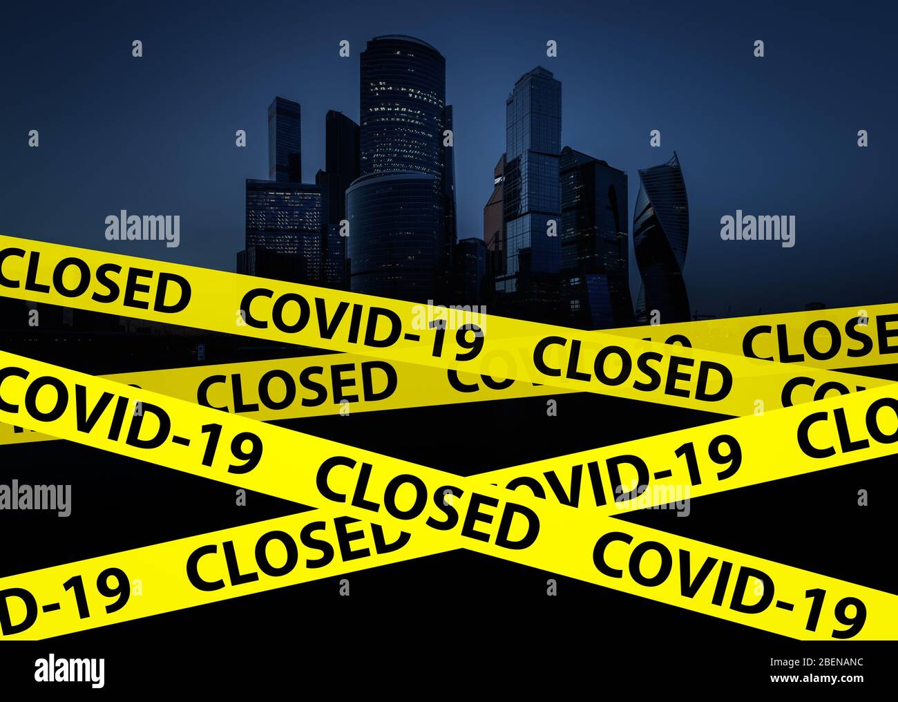 Coronavirus and quarantine concept, city closed with caution tape due to COVID-19. Offices, public places temporarily closed during coronavirus pandem Stock Photo